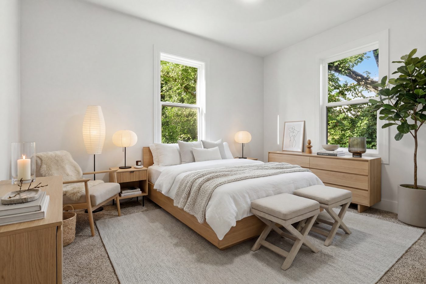 Bedroom with a wood platform bed, paper lamps and large windows