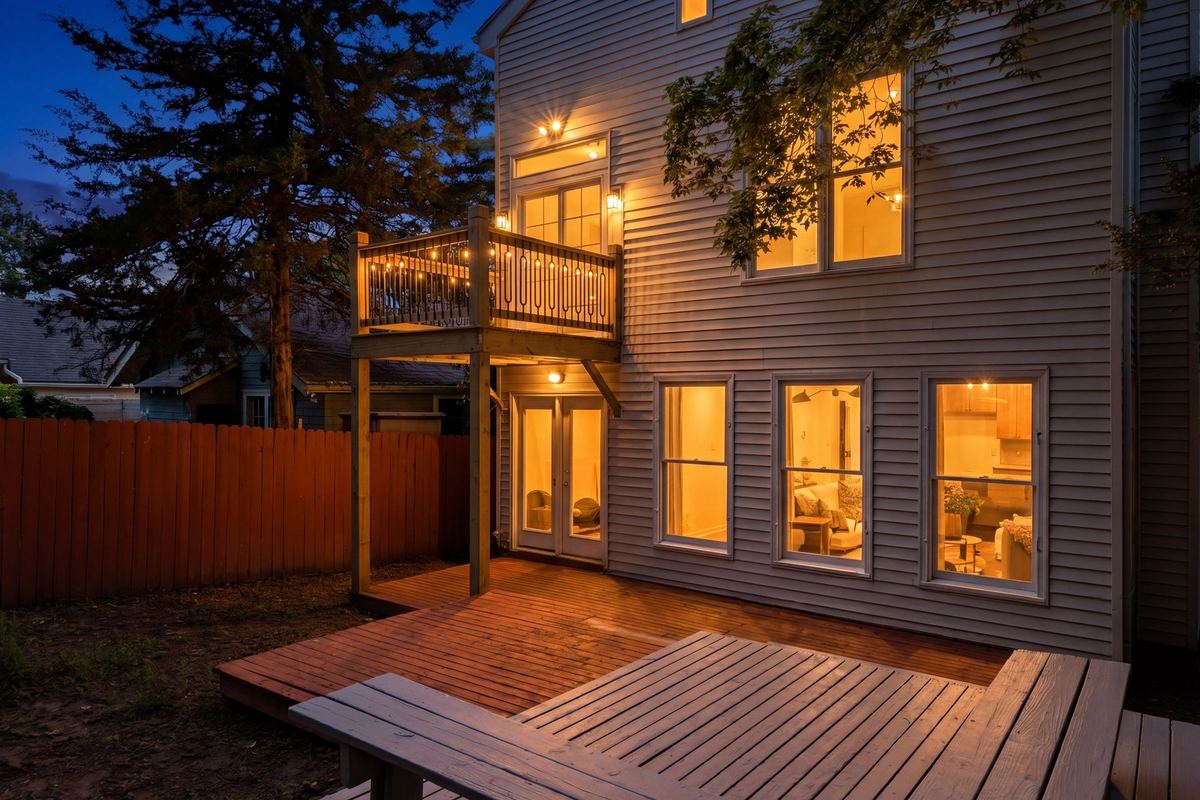Backyard and deck of a three-story home at dusk