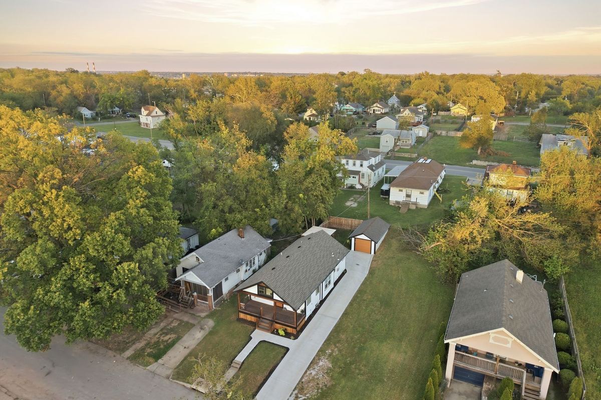 Drone photo of a neighborhood at golden hour