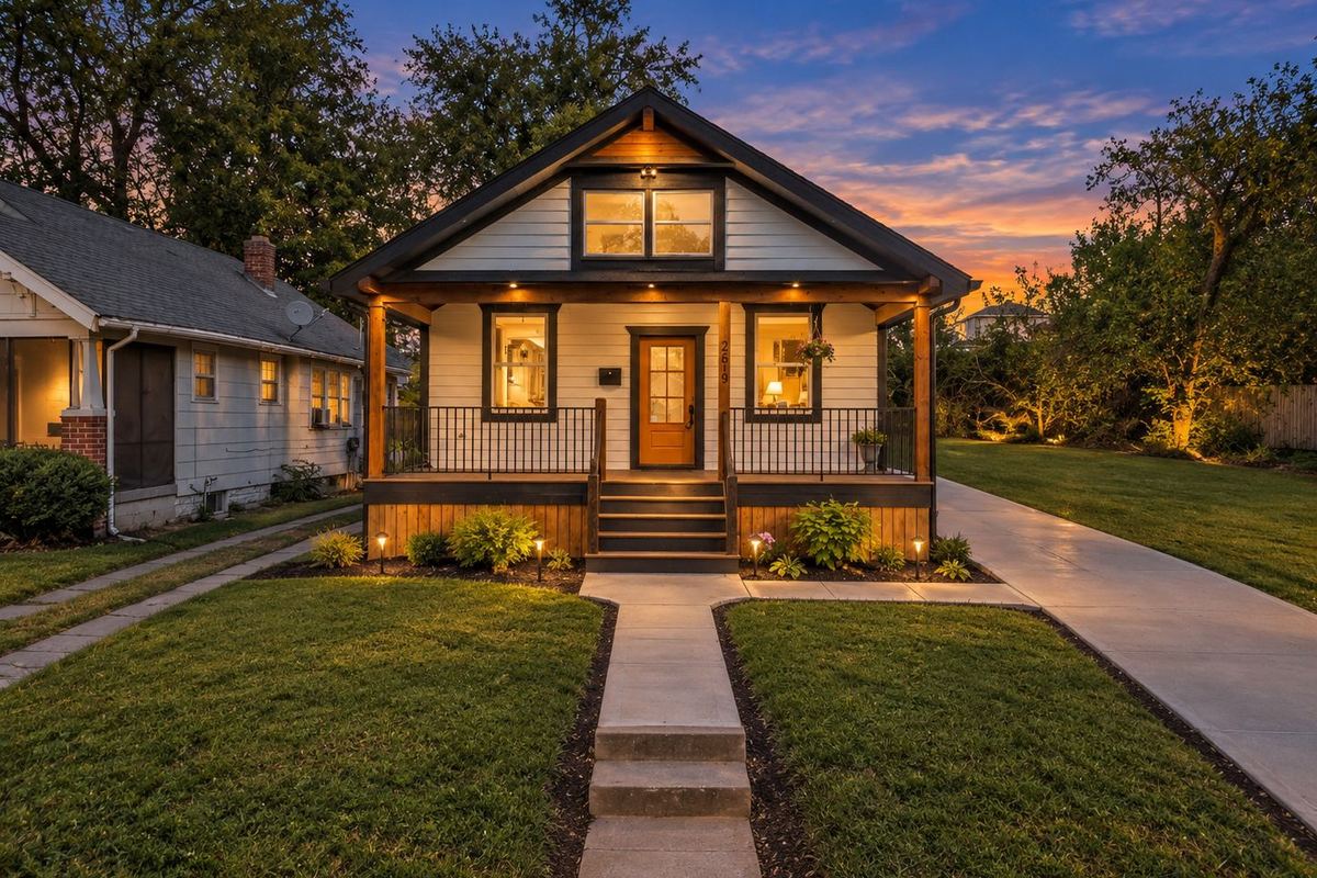 Craftsman bungalow with a lit front porch at twilight