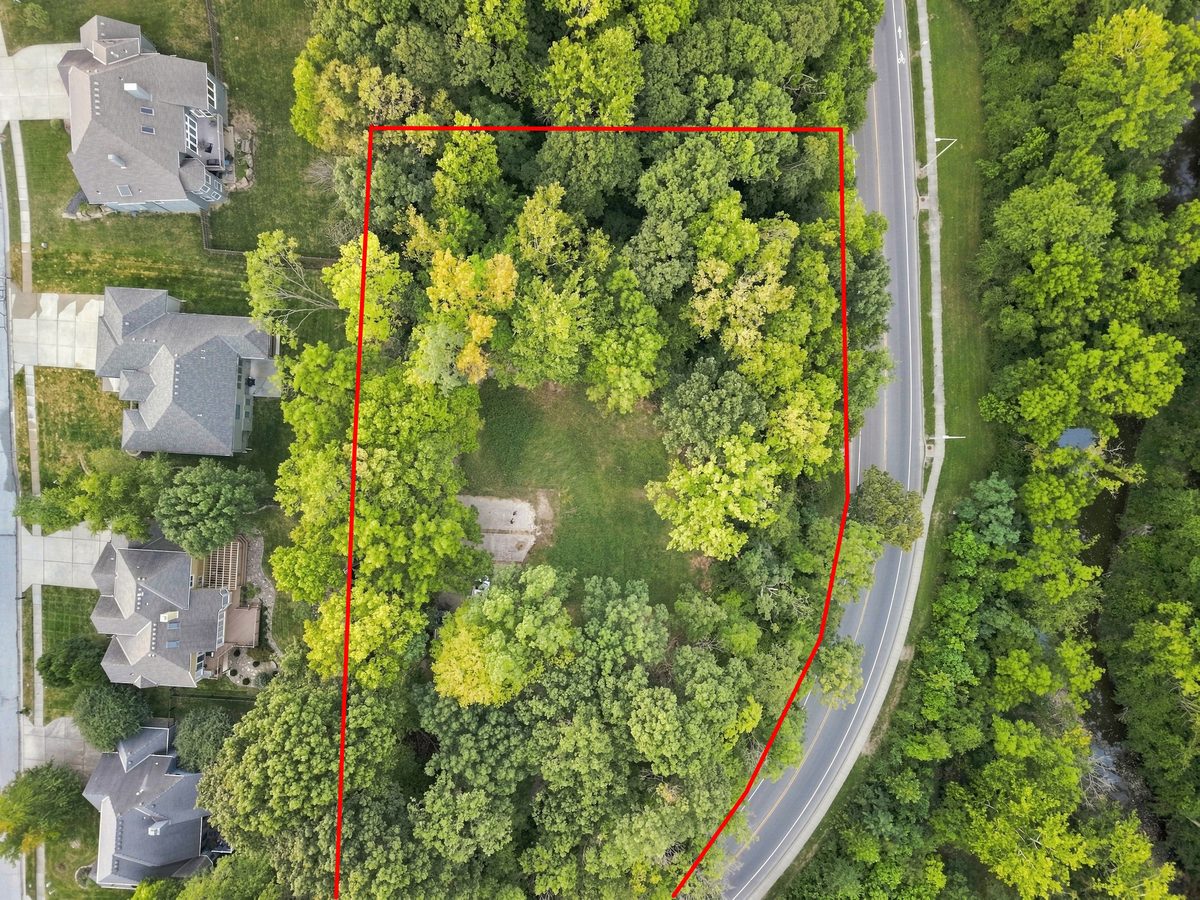 Overhead drone photo of a wooded lot with the property lines drawn in red