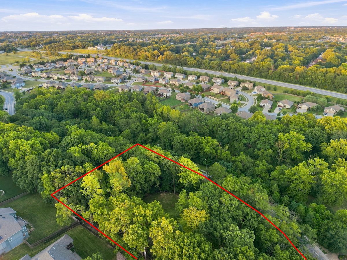 Angled drone photo of the lot and neighborhood with property lines